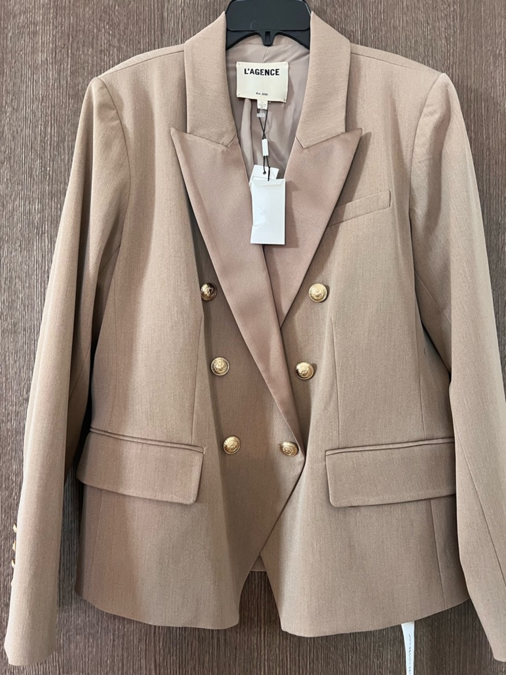 L'AGENCE Double-Breasted Beige Blazer with Gold Buttons